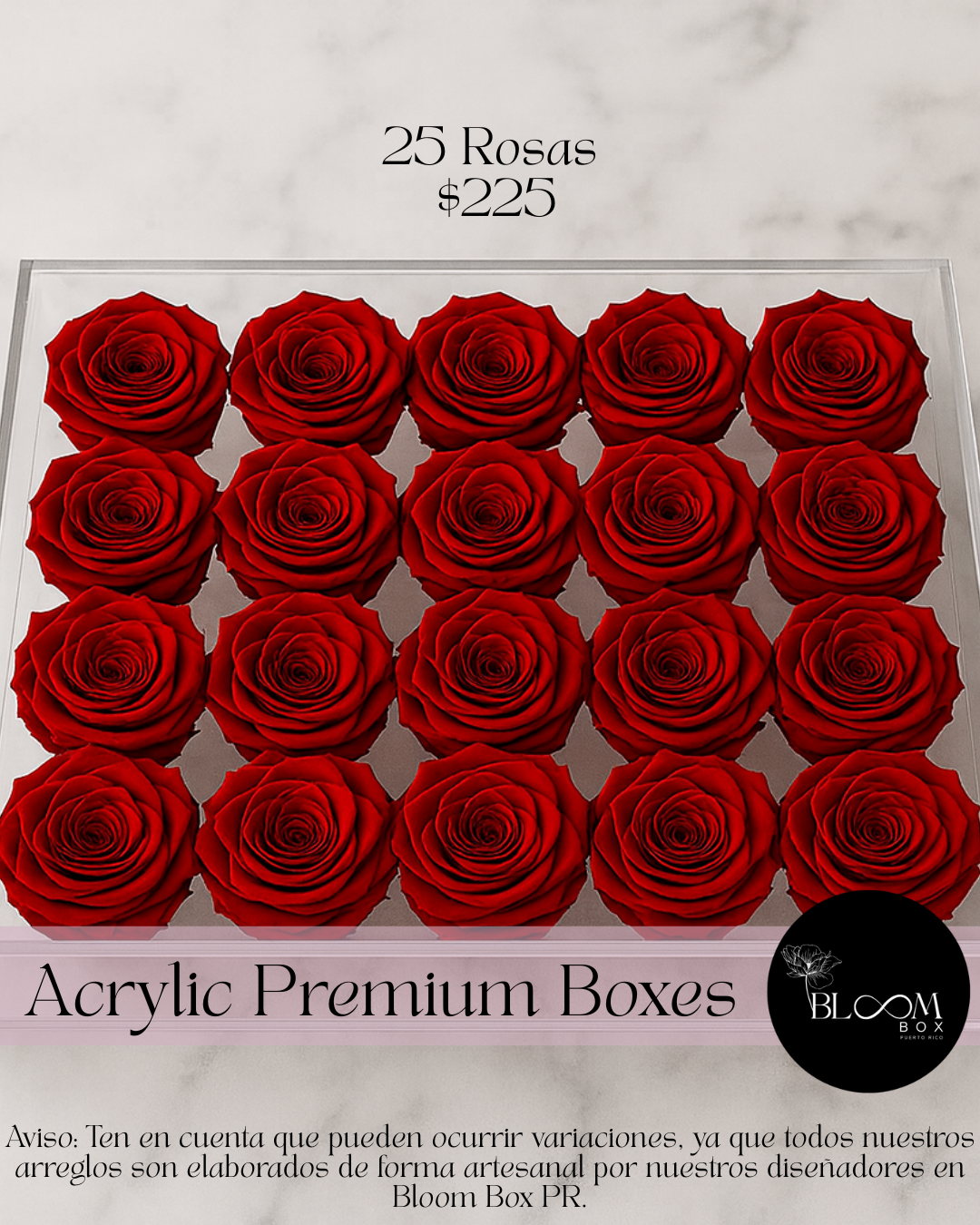 25 Rosas Preservada en caja acrílica Deluxe con borde en rhinestones