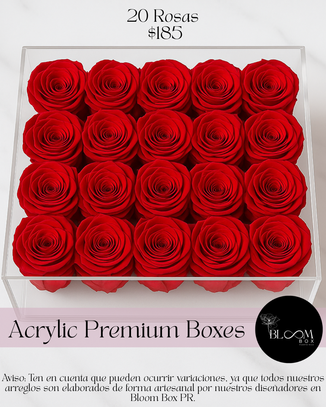 20 Rosas Preservada en caja acrílica Deluxe con borde en rhinestones