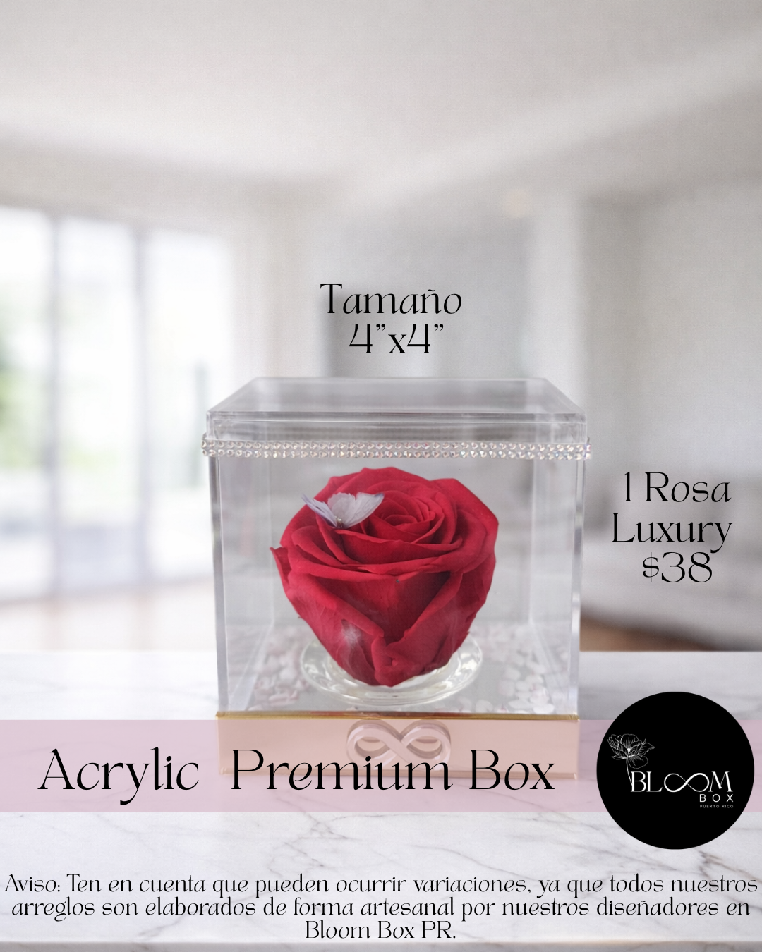 1 Rosa Preservada con mariposa en caja acrílica tamaño (4x4x4)
