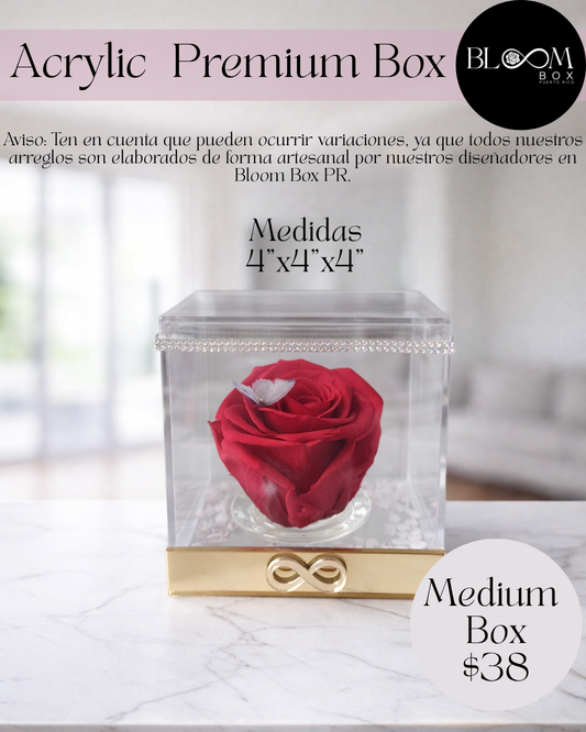 1 Rosa Preservada con mariposa en caja acrílica tamaño (4x4x4)