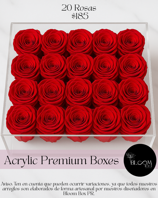 20 Rosas Preservada en caja acrílica Deluxe con borde en rhinestones